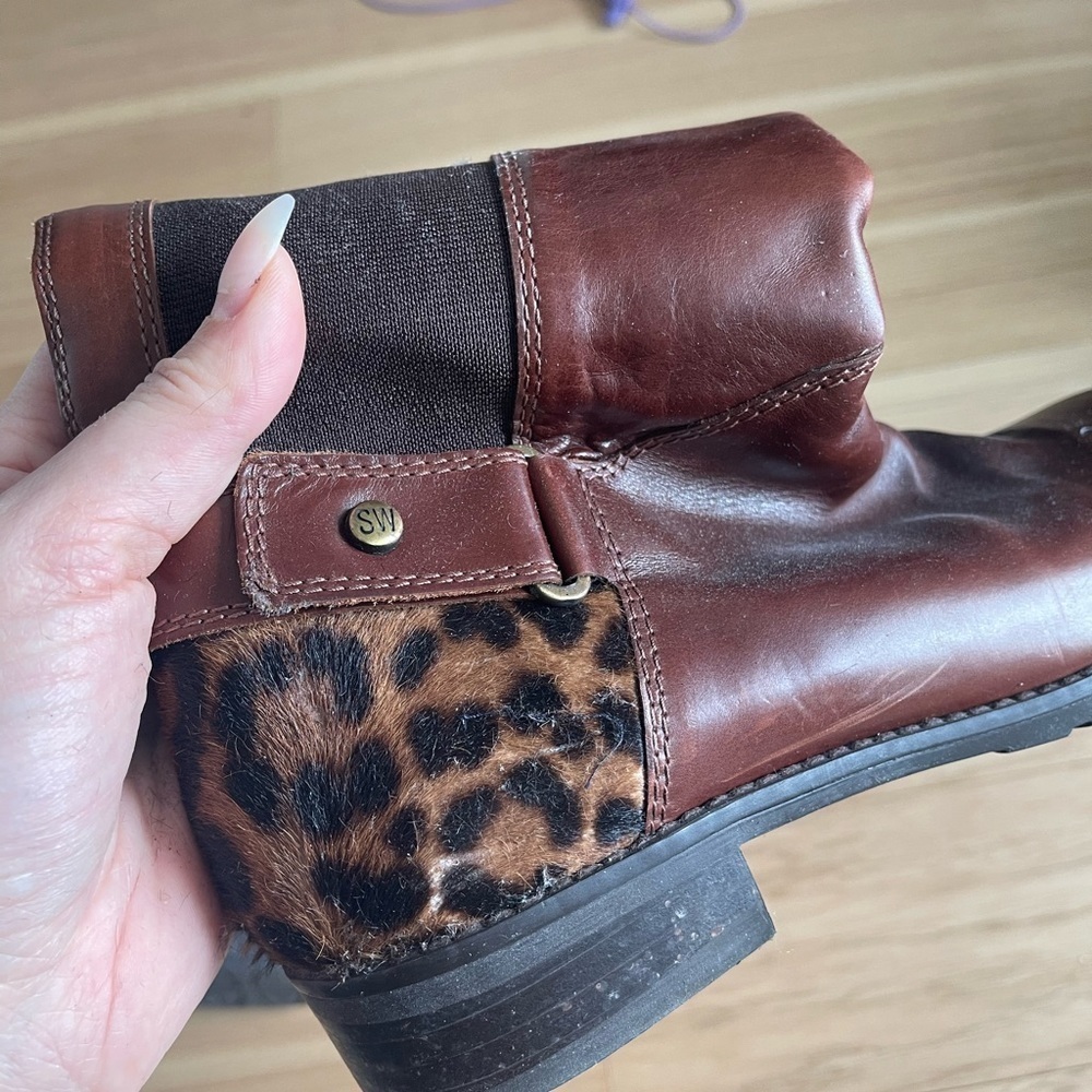 Stuart Weitzman Leather and Leopard Heal Knee High Boots Brown - Picture 5 of 9